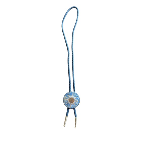 Vintage Sun Face Bolo Tie Southwestern genuine lapis Inlay Brass Tips Western - Picture 1 of 4